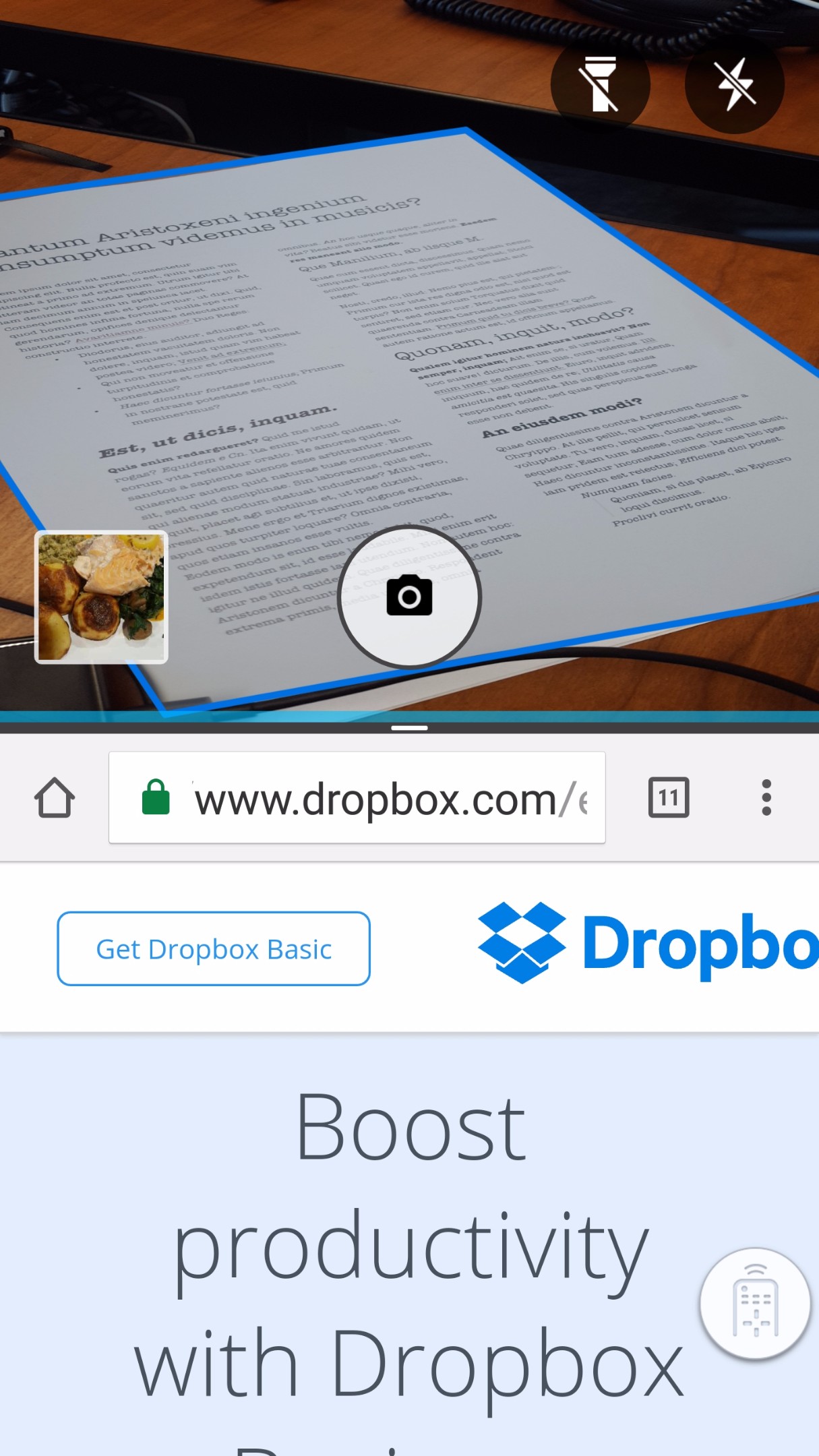 Document scanner in multi-window mode on Samsung Galaxy S6 (Android 7.0)