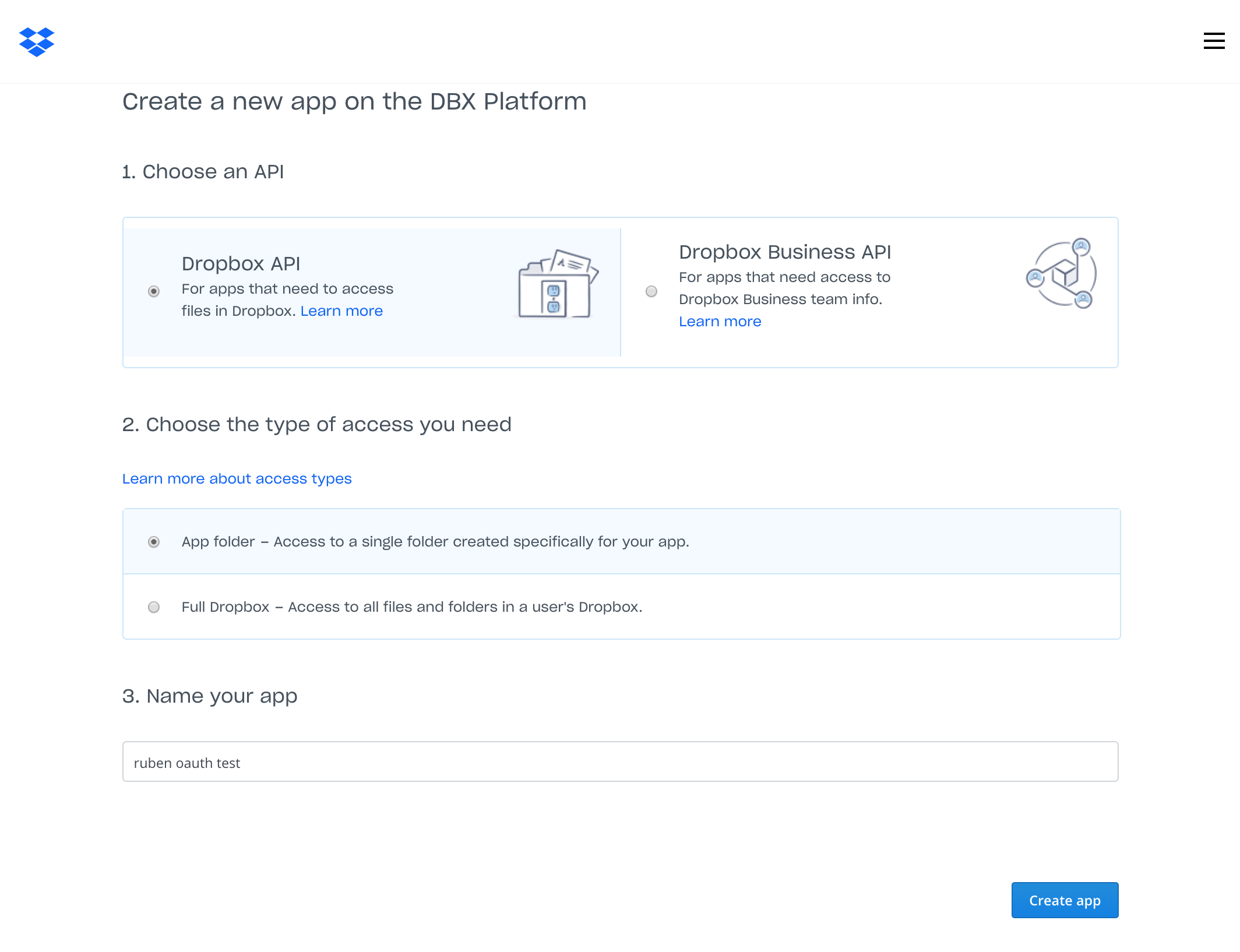 Creating an app in the Dropbox developer's App Console