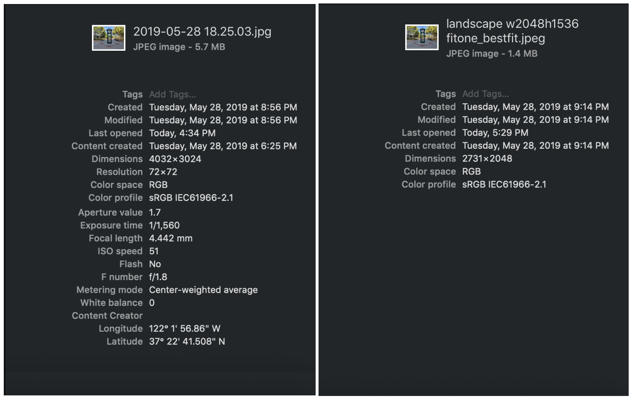 Image of metadata being compared for each photo
