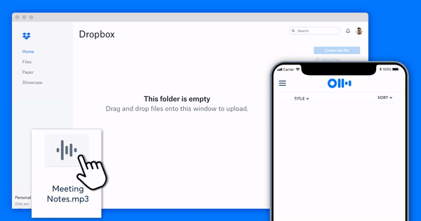 Animation of a media file being automatically transcribed in Dropbox by using the Otter.ai integration
