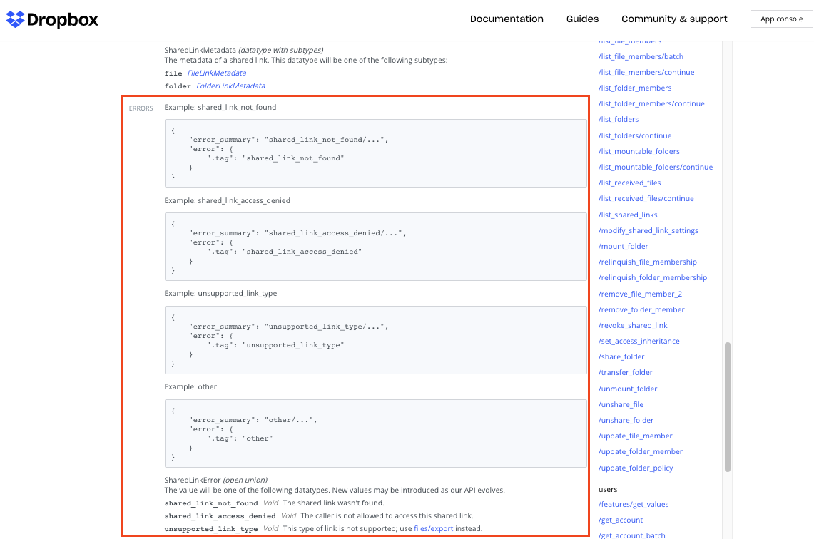 Error section under each endpoint in the Dropbox http reference docs