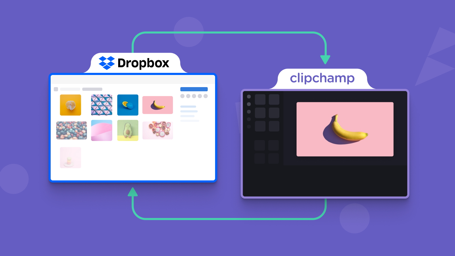 Feature image with Dropbox and Clipchamp depicted as folders with arrows pointing to each other