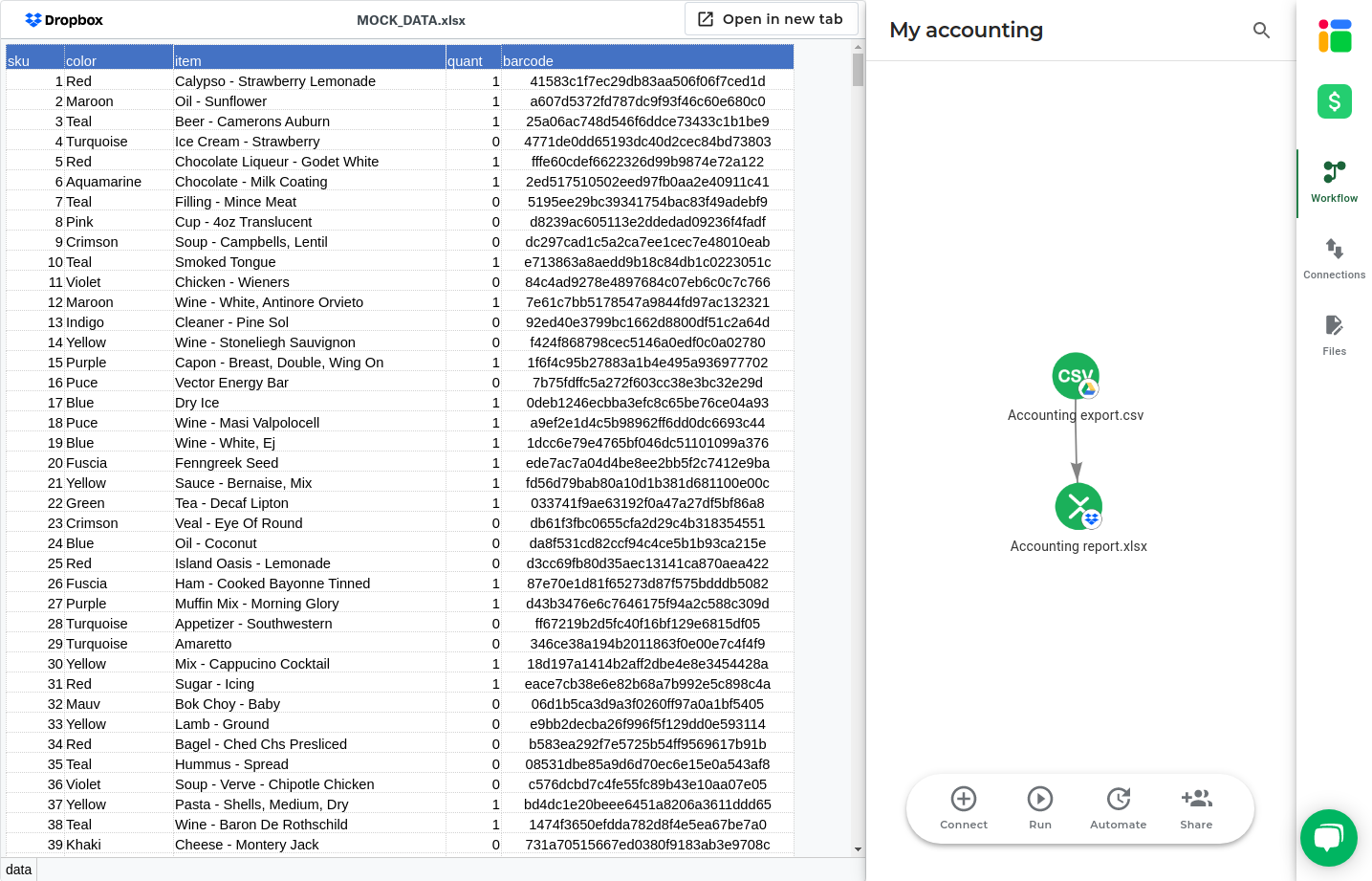 Screenshot of a spreadsheet in Dropbox being embedded on the Sheetgo user interface