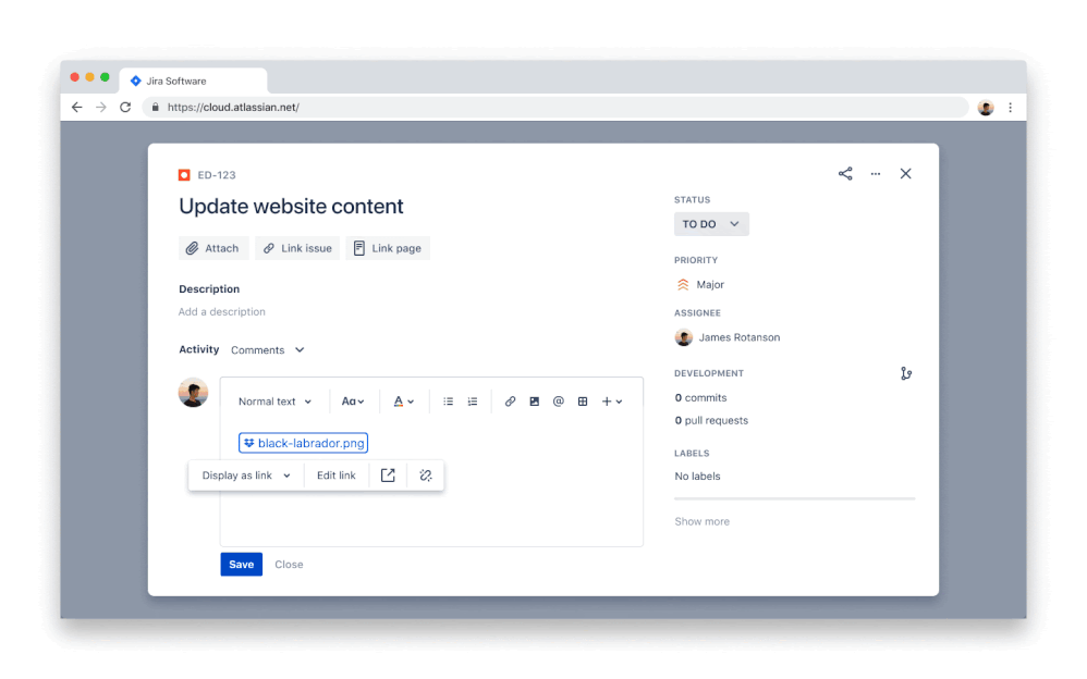 Animation of a Dropbox Smart Link being used in Jira