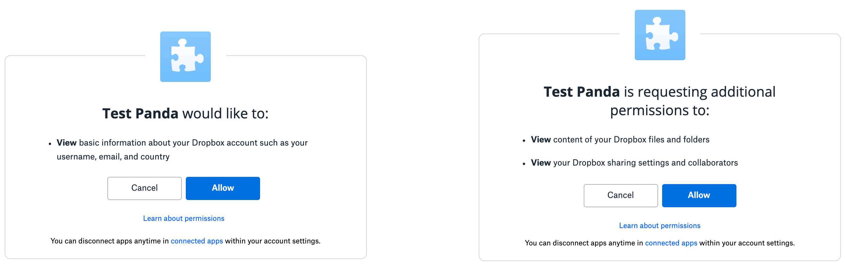 Authorization screens compared with different levels of scopes selected