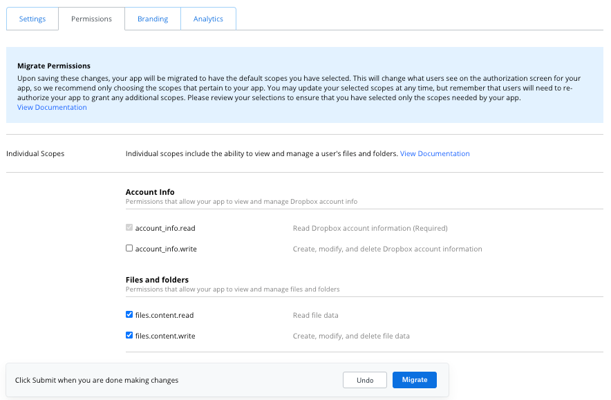 Screenshot of the Permissions tab in app settings for a Dropbox app