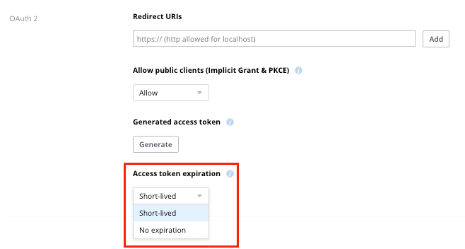 Access token expiration settings in the OAuth 2 field of a Dropbox app's settings page