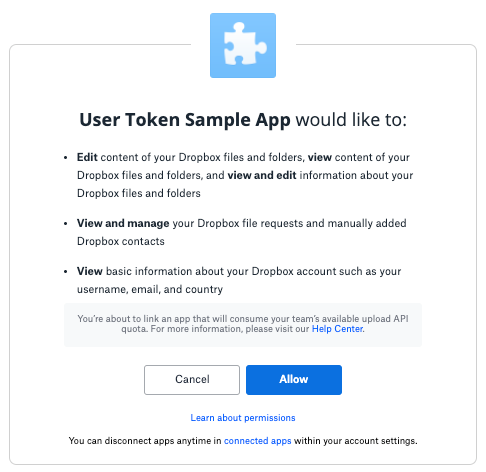 Consent page for Dropbox OAuth flow