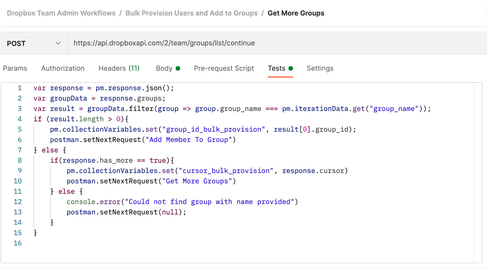 Code execution environment in the Tests tab of postman