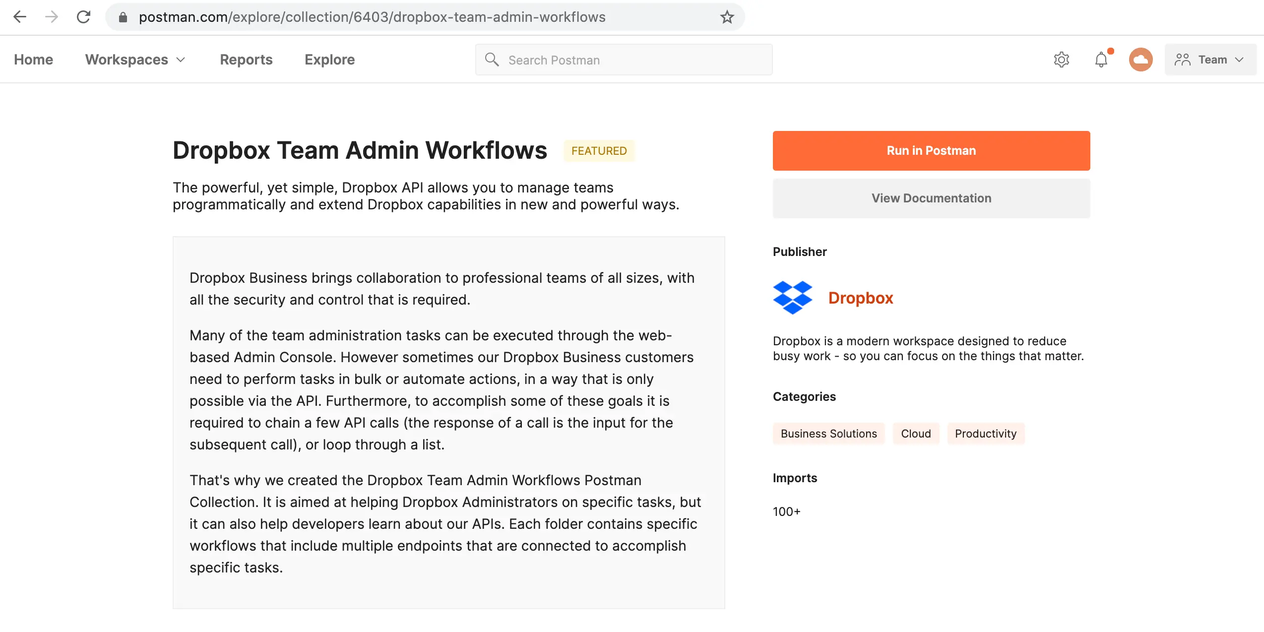 The Dropbox Team Admin Workflows collection in Postman