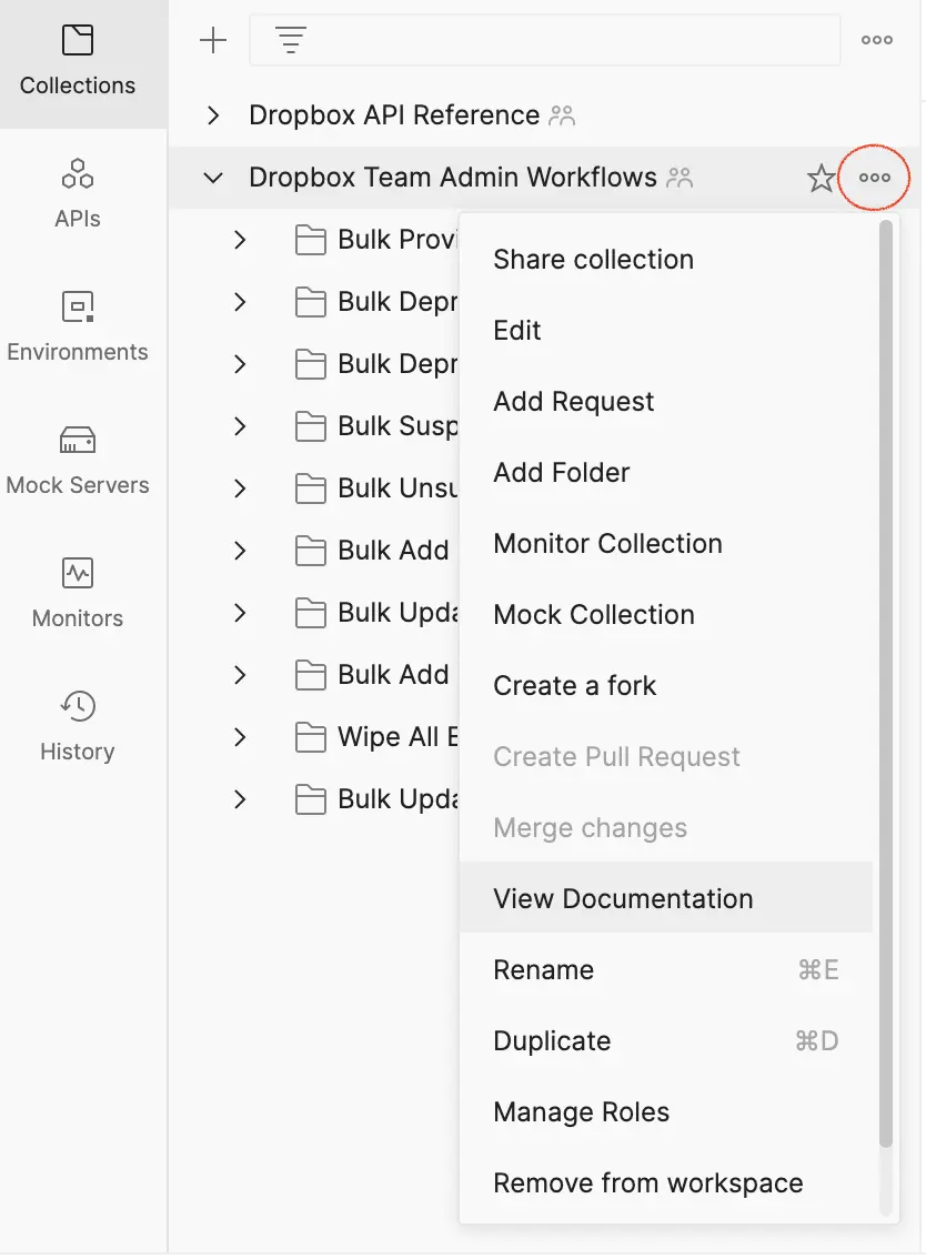 Menu showing the View Documentation option from a collection in Postman