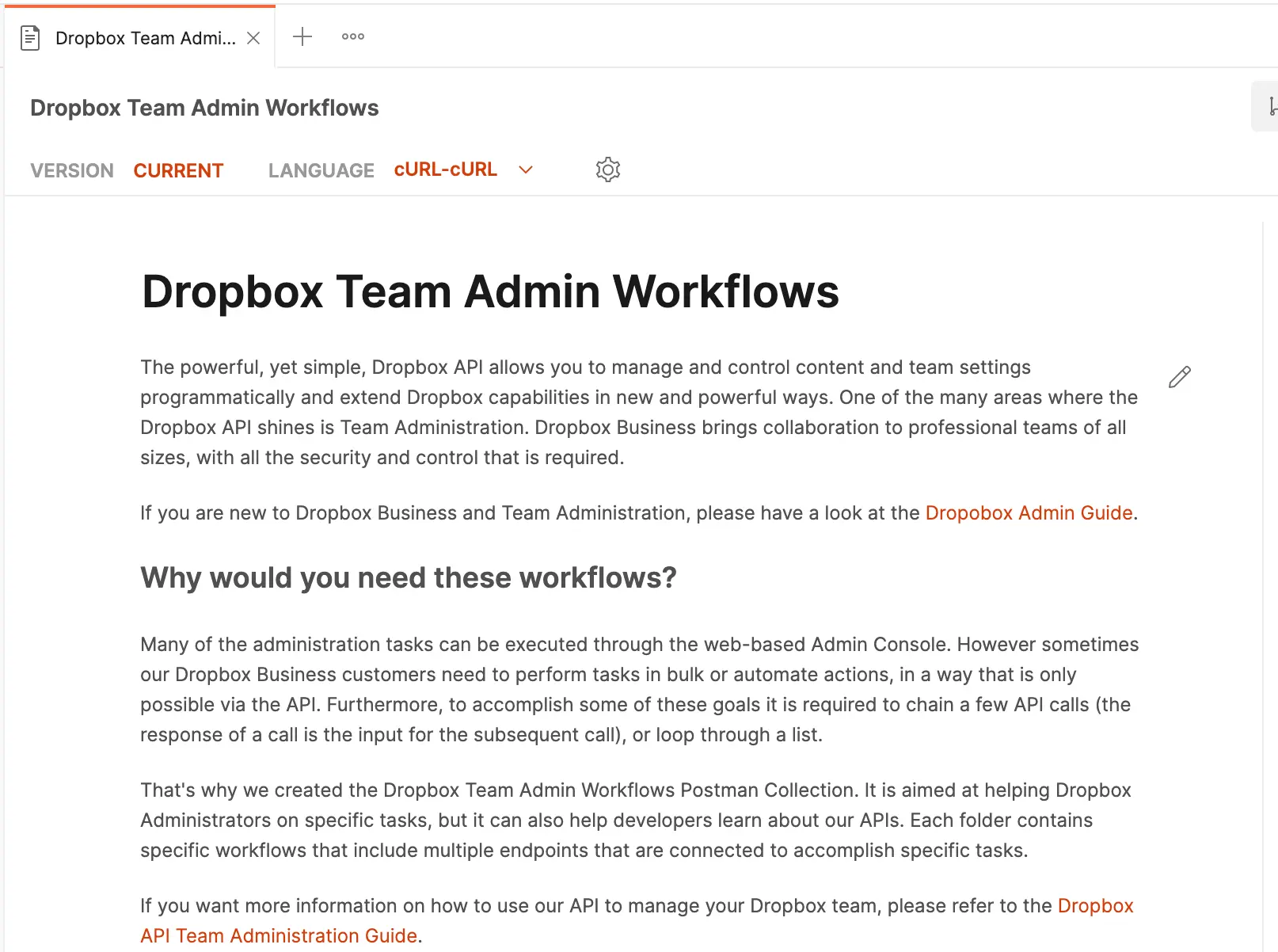 Documentation for the Dropbox Team Admin Workflows collection