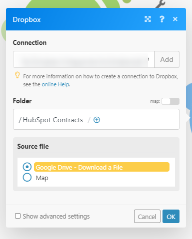 “Upload a file” Dropbox module configuration