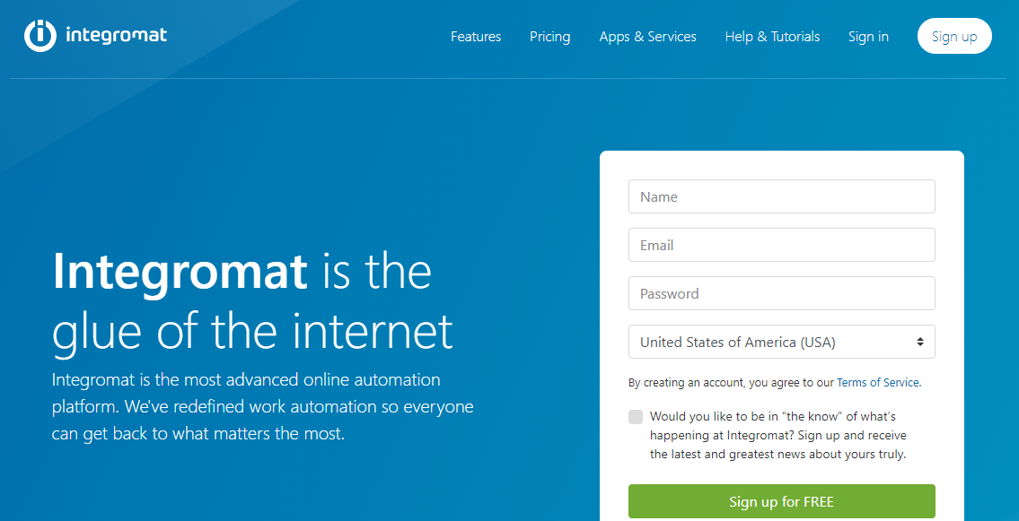 Sign up page for Integromat