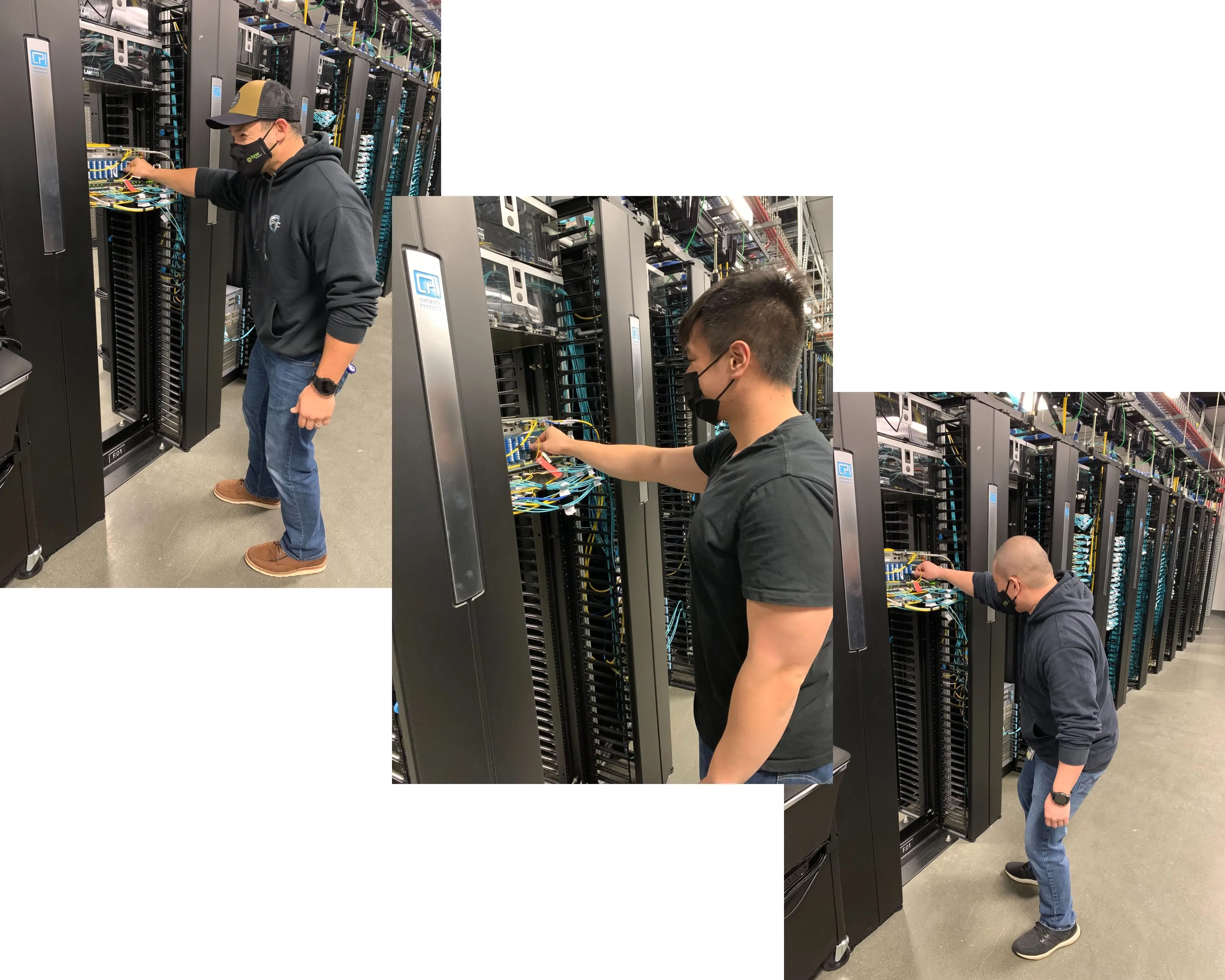 From left to right, Eddie, Victor, and Jimmy prepare to physically unplug the network fiber at each of SJC’s three data center facilities. 