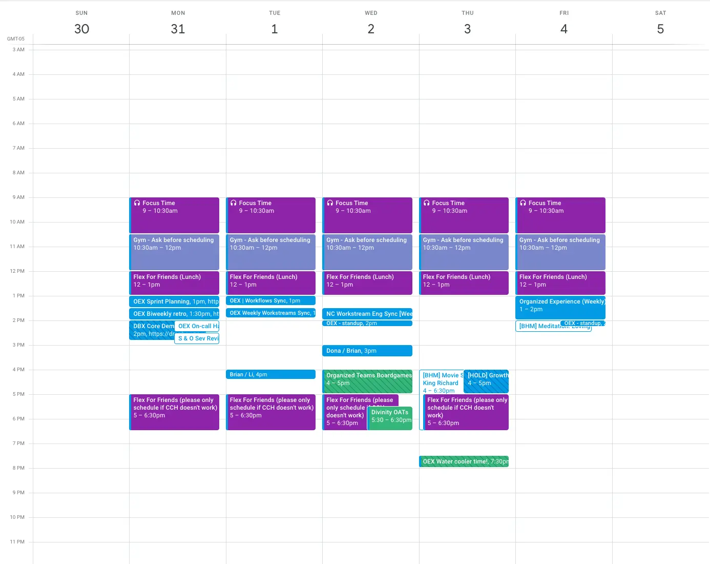 Brian’s calendar. Note that my team agreed to shift our Core Collaboration Hours to 1 pm to 5 pm ET.