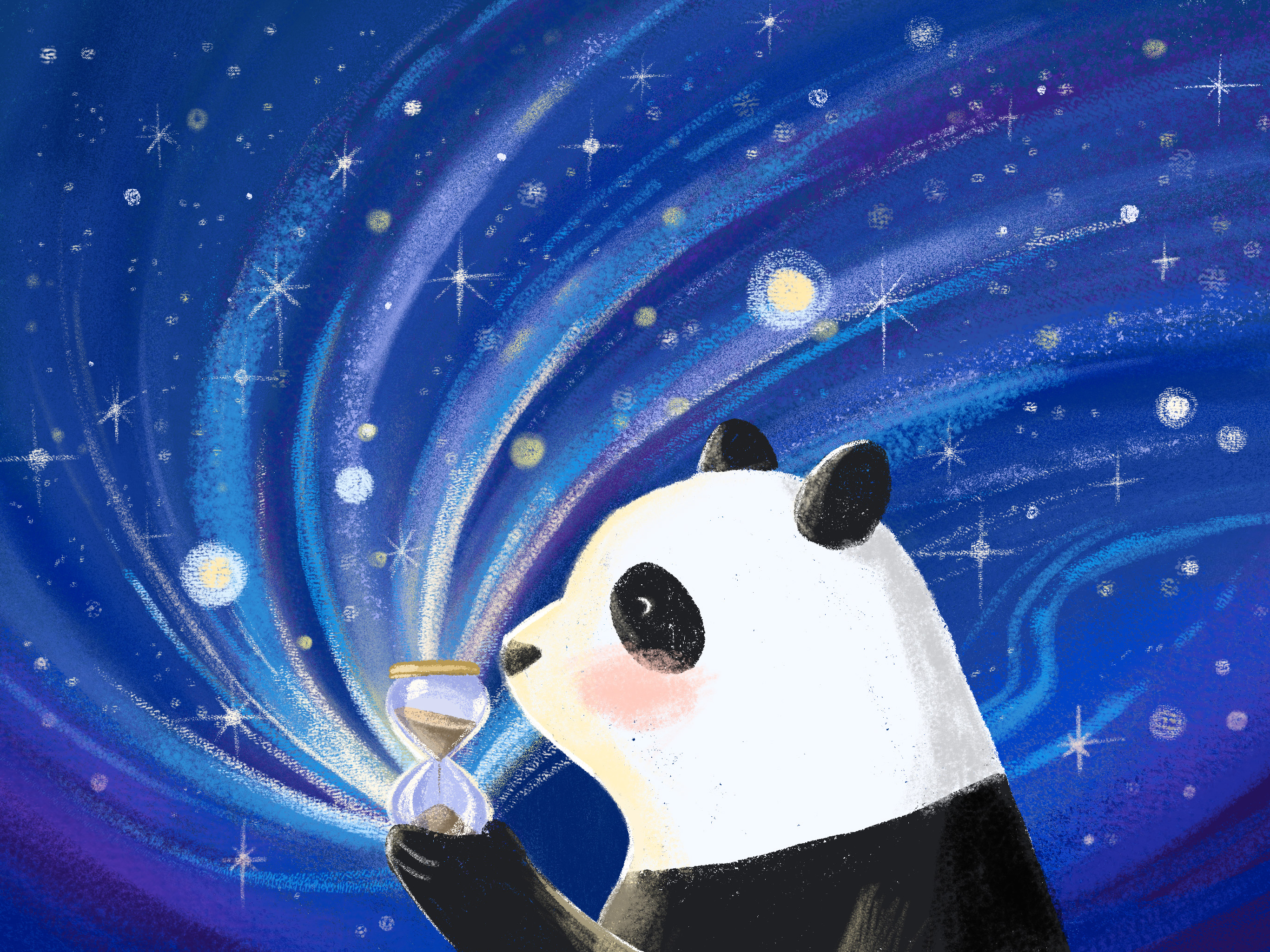 An illustration of a panda holding an hourglass by Chia-Ni Wu.